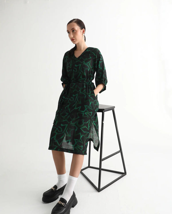 Rareism Women's Feray Dark Black Linen Fabric V-Neck Tie-Up Closure Bishop Sleeve Geometric Print A-Line Midi Dress