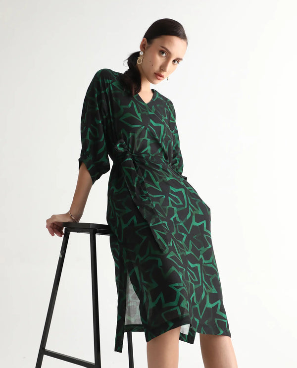 Rareism Women's Feray Dark Black Linen Fabric V-Neck Tie-Up Closure Bishop Sleeve Geometric Print A-Line Midi Dress
