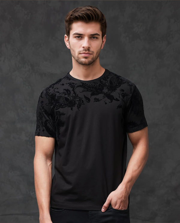 Rare Rabbit Men's Ferris Black Cotton Lycra Half Sleeves Flock Paisley Print T-Shirt