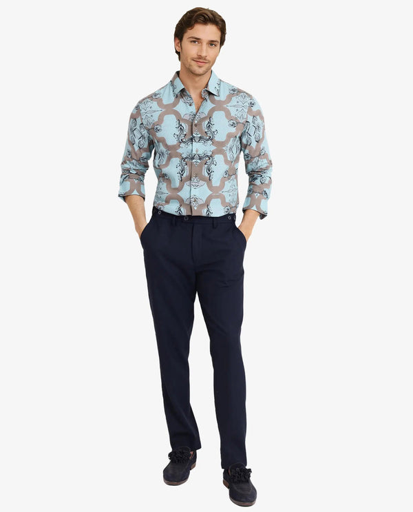 Rare Rabbit Men Firce Dusky Turq Cotton Fabric Full Sleeve Decorative Print Regular Fit Shirt