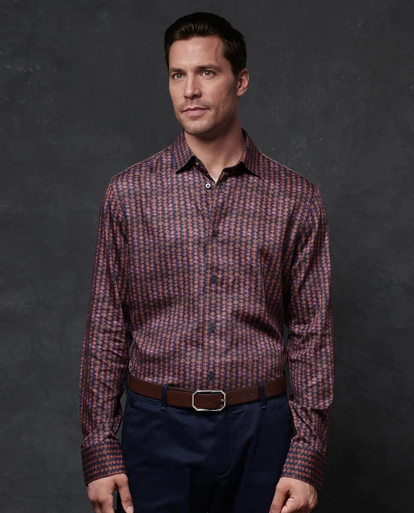 Rare Rabbit Men Flux Dark Purple Full Sleeve Button Closure Regular Fit Geometric Print Shirt