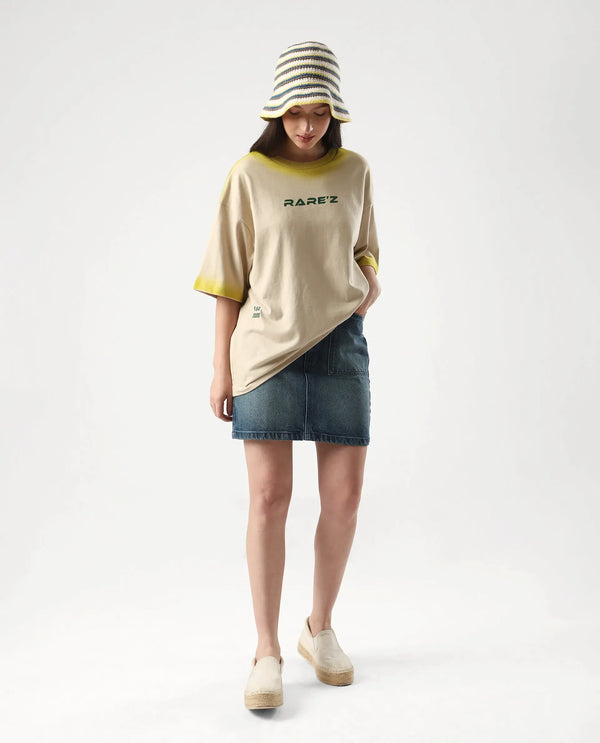 Rareism Women Foakoe Beige Pull On Closure Cotton Oversized Regular Graphic Print T-Shirt