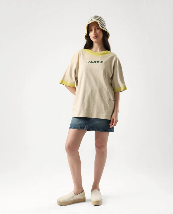 Rareism Women Foakoe Beige Pull On Closure Cotton Oversized Regular Graphic Print T-Shirt