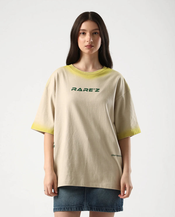 Rareism Women Foakoe Beige Pull On Closure Cotton Oversized Regular Graphic Print T-Shirt