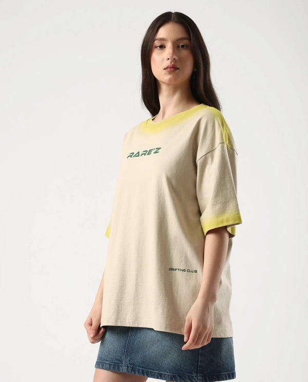 Rareism Women Foakoe Beige Pull On Closure Cotton Oversized Regular Graphic Print T-Shirt