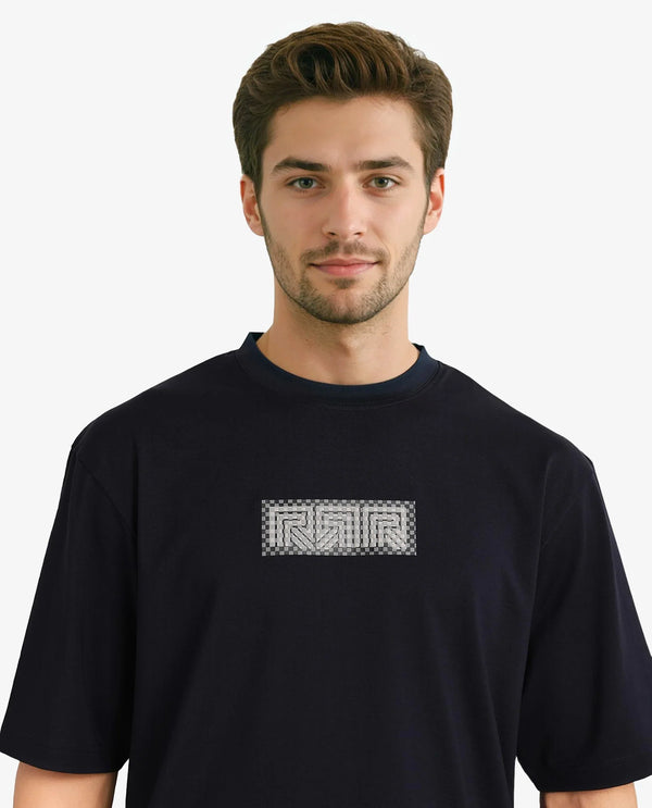 Rare Rabbit Men Fobo Navy Cotton Polyester Lycra Fabric Short Sleeve Crew Neck Oversized Fit Monogram Chest Print T-Shirt