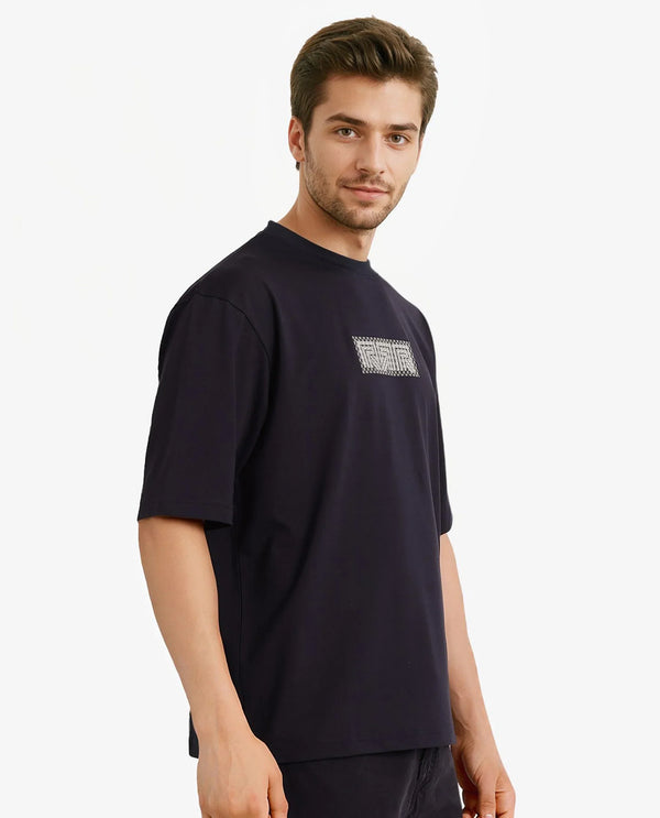 Rare Rabbit Men Fobo Navy Cotton Polyester Lycra Fabric Short Sleeve Crew Neck Oversized Fit Monogram Chest Print T-Shirt