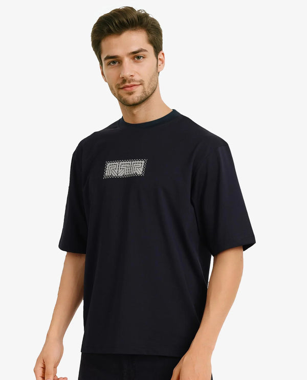 Rare Rabbit Men Fobo Navy Cotton Polyester Lycra Fabric Short Sleeve Crew Neck Oversized Fit Monogram Chest Print T-Shirt