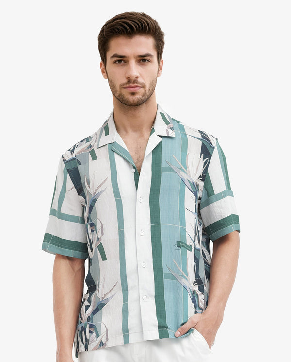 Rare Rabbit Men's Forsia Dusky Blue Viscose Fabric Cuban Collar Half Sleeves Boxy Fit Abstract Floral Print Shirt