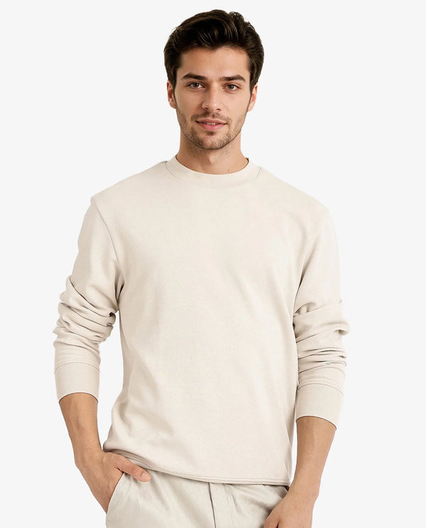 Rare Rabbit Men Foy Off White Cotton Fabric Full Sleeve Crew Neck Regular Fit Cavalry Twill Plain Sweatshirt