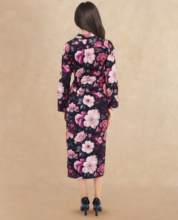 Rareism Women Frastio Black Extended Sleeves Collared Neck Tie Up Closure Straight Fit Maxi Floral Print Dress