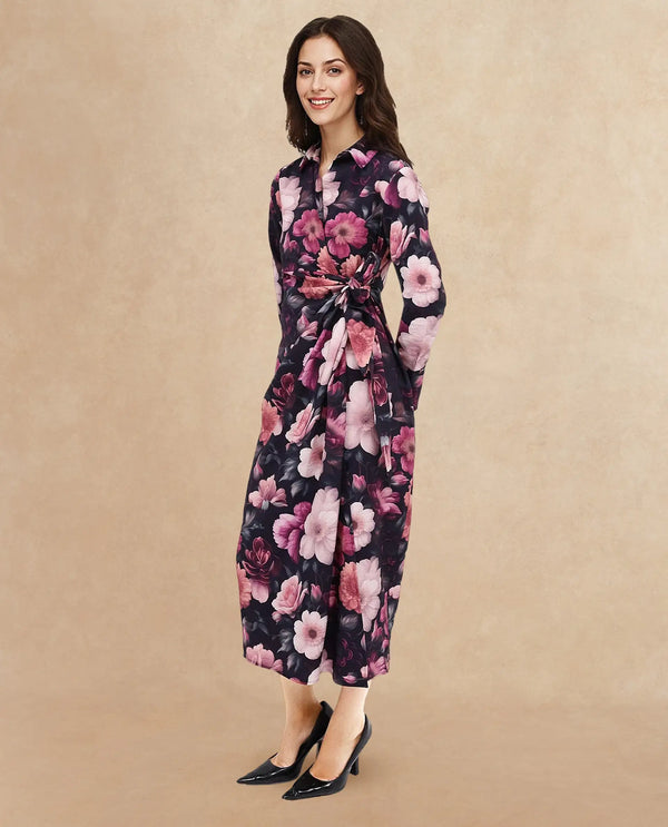 Rareism Women Frastio Black Extended Sleeves Collared Neck Tie Up Closure Straight Fit Maxi Floral Print Dress