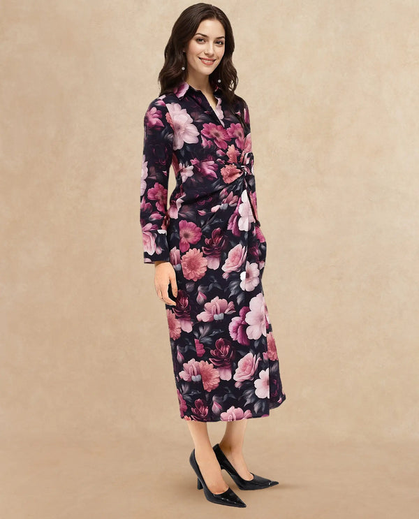 Rareism Women Frastio Black Extended Sleeves Collared Neck Tie Up Closure Straight Fit Maxi Floral Print Dress
