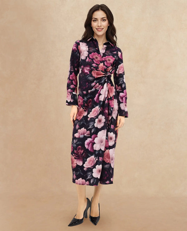 Rareism Women Frastio Black Extended Sleeves Collared Neck Tie Up Closure Straight Fit Maxi Floral Print Dress