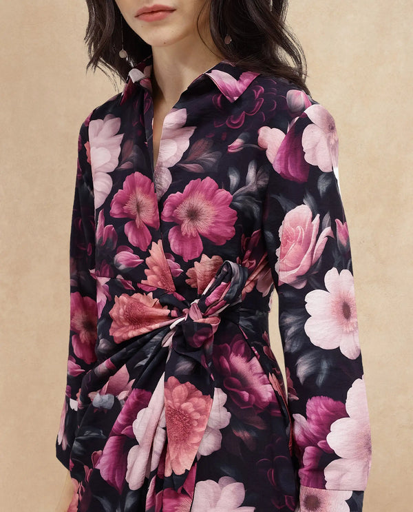 Rareism Women Frastio Black Extended Sleeves Collared Neck Tie Up Closure Straight Fit Maxi Floral Print Dress