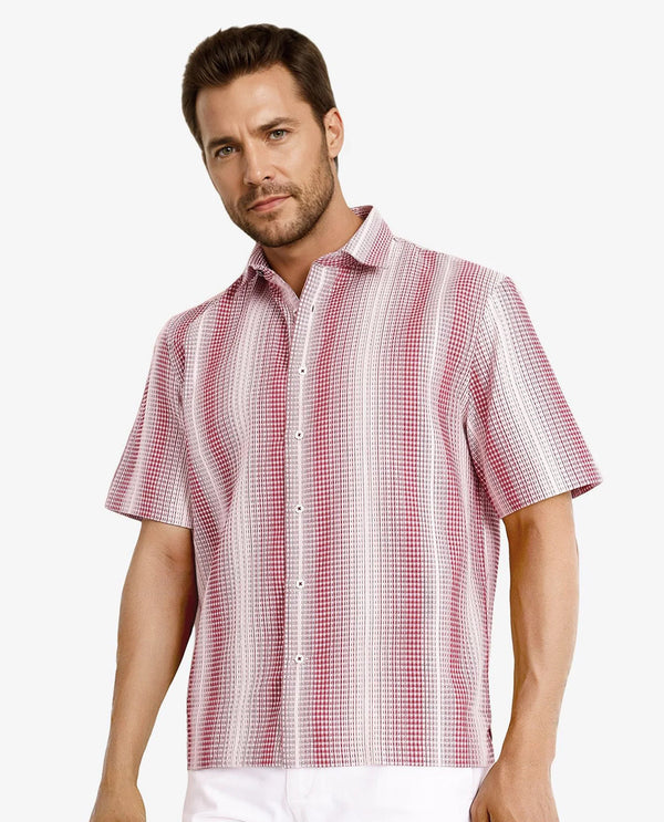 Rare Rabbit Men's Frawla Red Cotton Fabric Short Sleeve Boxy Fit Self Stripe Textured Shirt