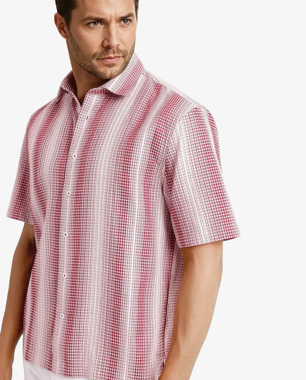 Rare Rabbit Men's Frawla Red Cotton Fabric Short Sleeve Boxy Fit Self Stripe Textured Shirt