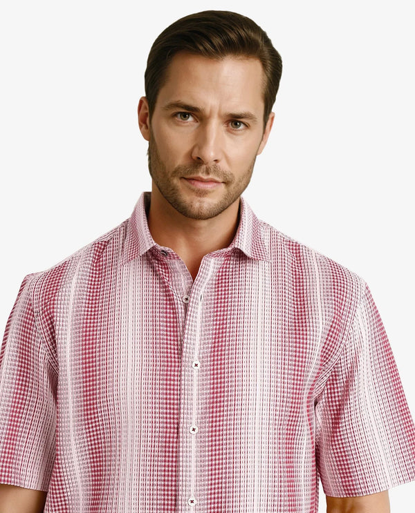 Rare Rabbit Men's Frawla Red Cotton Fabric Short Sleeve Boxy Fit Self Stripe Textured Shirt