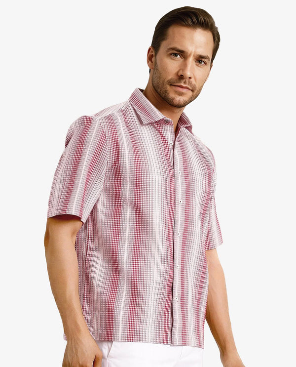 Rare Rabbit Men's Frawla Red Cotton Fabric Short Sleeve Boxy Fit Self Stripe Textured Shirt
