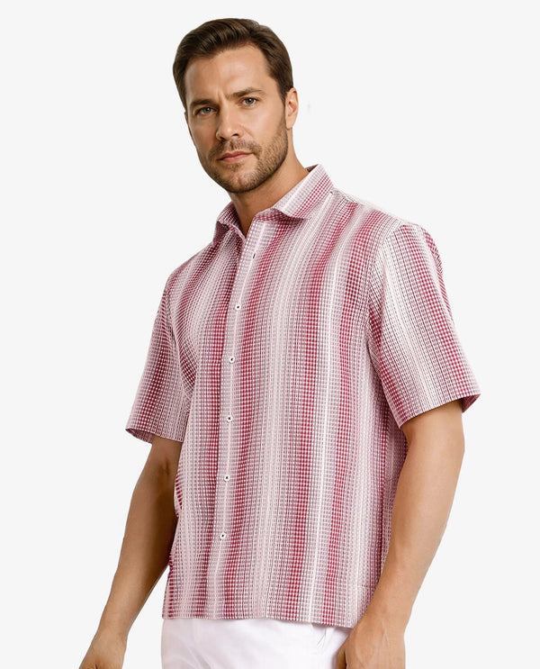 Rare Rabbit Men's Frawla Red Cotton Fabric Short Sleeve Boxy Fit Self Stripe Textured Shirt