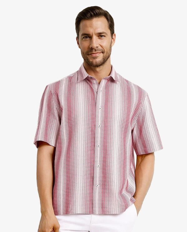 Rare Rabbit Men's Frawla Red Cotton Fabric Short Sleeve Boxy Fit Self Stripe Textured Shirt