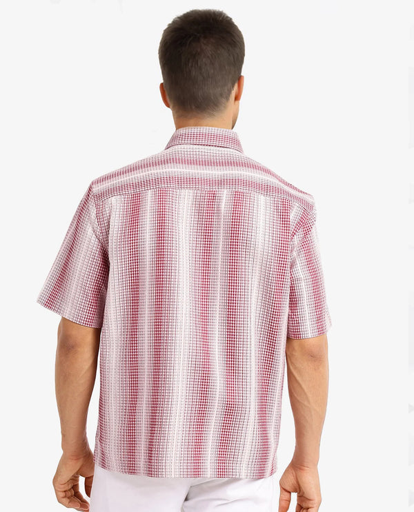 Rare Rabbit Men's Frawla Red Cotton Fabric Short Sleeve Boxy Fit Self Stripe Textured Shirt
