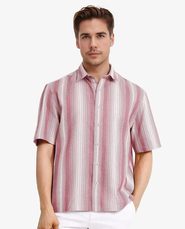 Rare Rabbit Men's Frawla Red Cotton Fabric Short Sleeve Boxy Fit Self Stripe Textured Shirt