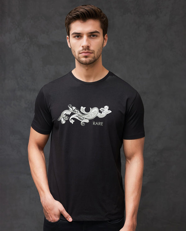 Rare Rabbit Men's Friter Black Cotton Fabric Half Sleeves Paisley Print T-Shirt