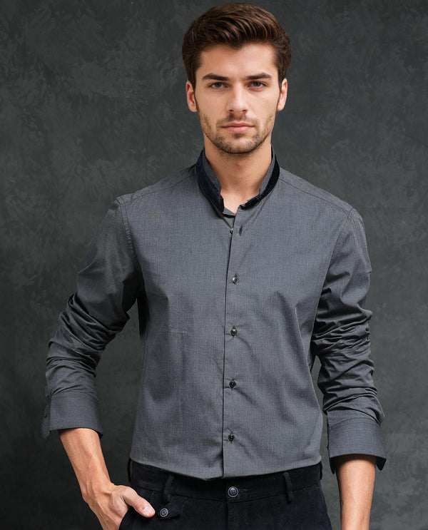 Rare Rabbit Men's Fritz Black Mandarin Collar Full Sleeves Solid Shirt