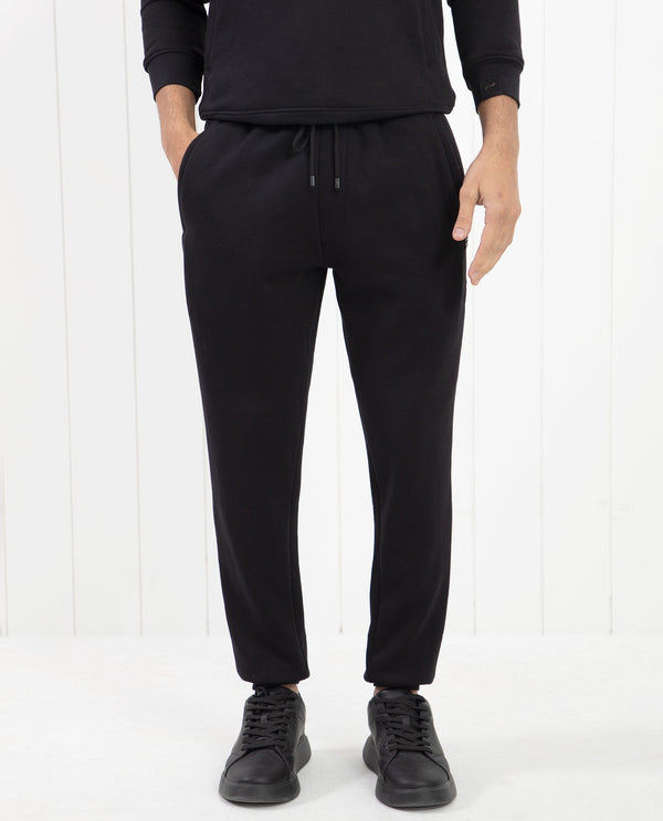 Rare Rabbit Mens Fulham Black Track Pant Cotton Polyester Fabric Mid Rise Knitted Draw String Closure