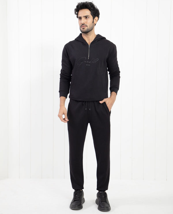 Rare Rabbit Mens Fulham Black Track Pant Cotton Polyester Fabric Mid Rise Knitted Draw String Closure