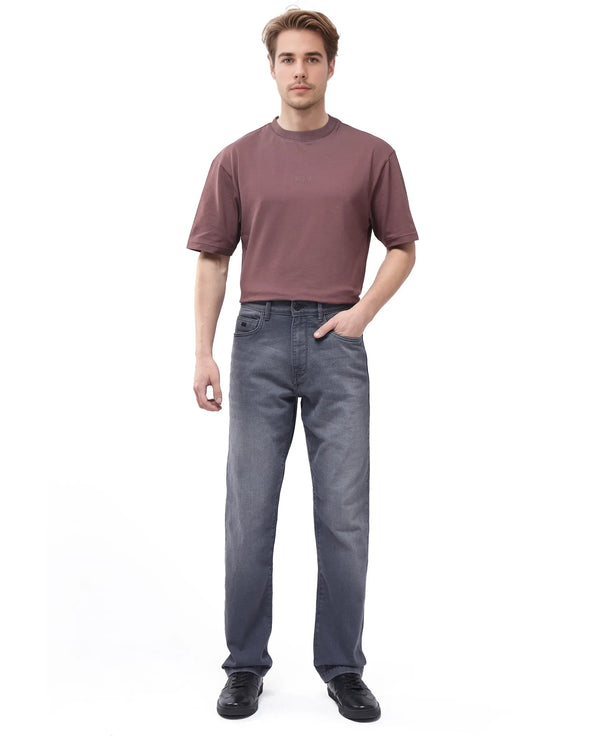 Rare Rabbit Men Fyod Grey Cotton Polyester Fabric Regular Fit Plain Denim Pant