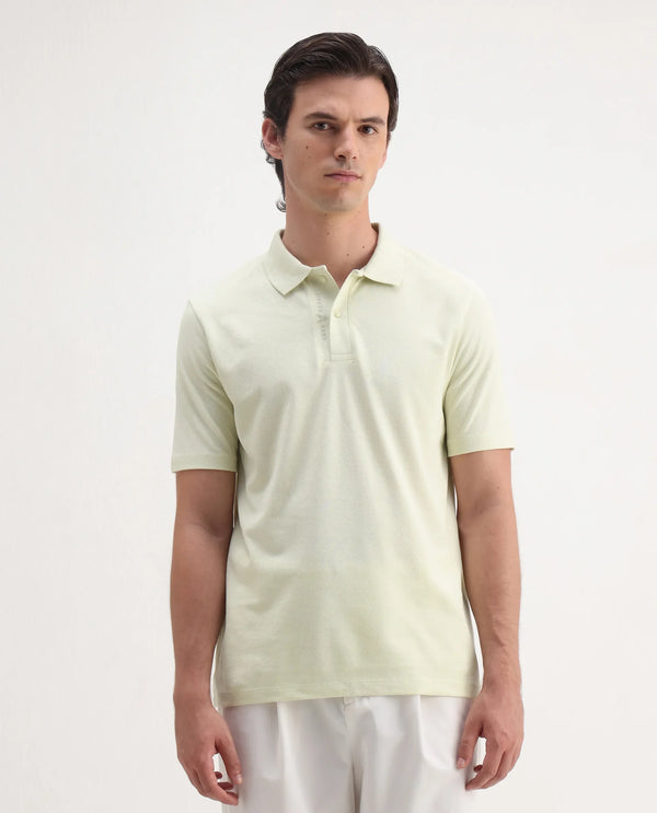 Rare Rabbit Men's Gamer Pastel Yellow Cotton Polyester Fabric Short Sleeves Collared Neck Plain Knit Polo T-Shirt