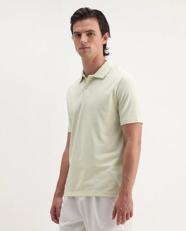 Rare Rabbit Men's Gamer Pastel Yellow Cotton Polyester Fabric Short Sleeves Collared Neck Plain Knit Polo T-Shirt