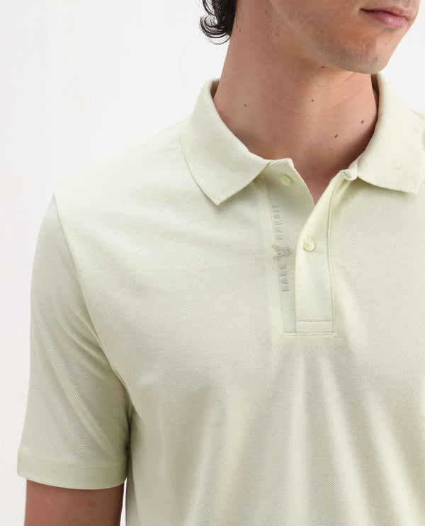Rare Rabbit Men's Gamer Pastel Yellow Cotton Polyester Fabric Short Sleeves Collared Neck Plain Knit Polo T-Shirt
