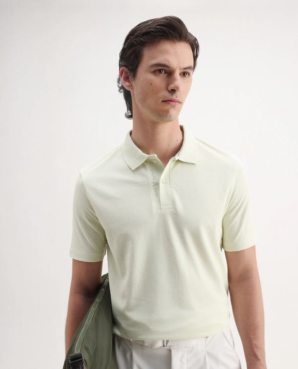 Rare Rabbit Men's Gamer Pastel Yellow Cotton Polyester Fabric Short Sleeves Collared Neck Plain Knit Polo T-Shirt