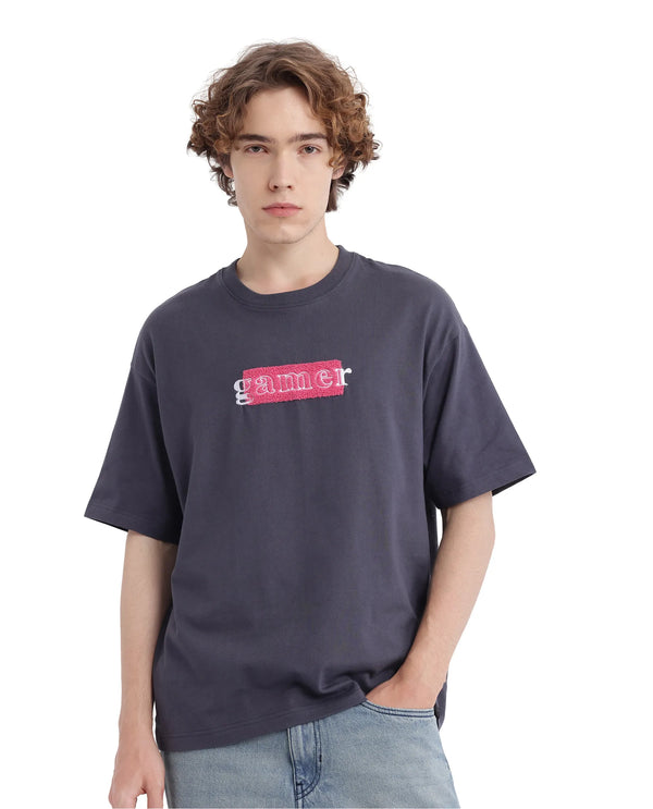 Rare Rabbit Men Gamo Dark Grey Cotton Fabric Short Sleeve Crew Neck Oversized Fit Towel Embroidered T-Shirt