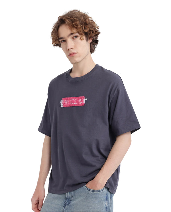 Rare Rabbit Men Gamo Dark Grey Cotton Fabric Short Sleeve Crew Neck Oversized Fit Towel Embroidered T-Shirt