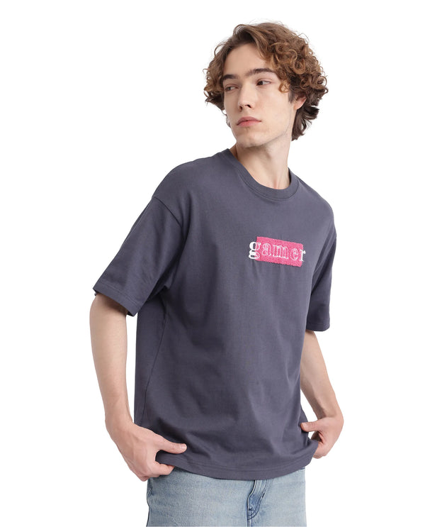 Rare Rabbit Men Gamo Dark Grey Cotton Fabric Short Sleeve Crew Neck Oversized Fit Towel Embroidered T-Shirt