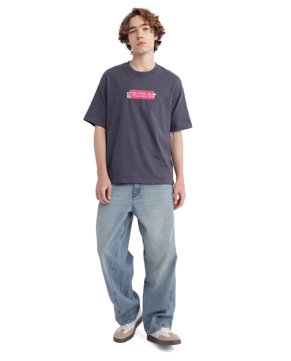 Rare Rabbit Men Gamo Dark Grey Cotton Fabric Short Sleeve Crew Neck Oversized Fit Towel Embroidered T-Shirt
