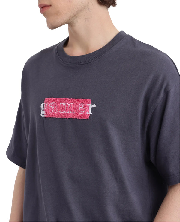 Rare Rabbit Men Gamo Dark Grey Cotton Fabric Short Sleeve Crew Neck Oversized Fit Towel Embroidered T-Shirt