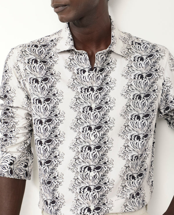 Rare Rabbit Men's Gasta LS Off White Viscose Fabric Full Sleeves Regular Fit Floral Geometric Print Shirt