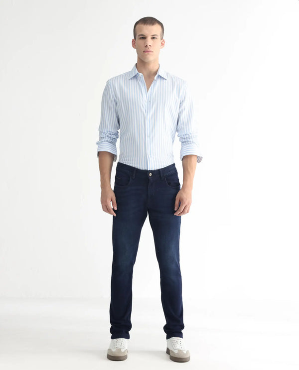 Rare Rabbit Men's Gaza Blue Mid Wash Mid-Rise Slim Fit Jeans