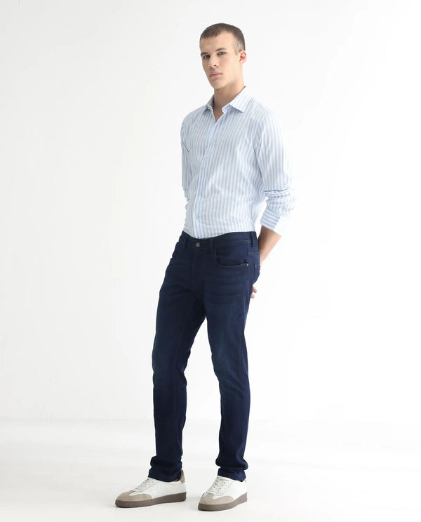 Rare Rabbit Men's Gaza Blue Mid Wash Mid-Rise Slim Fit Jeans