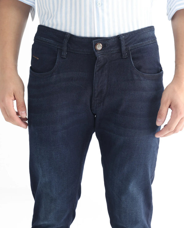 Rare Rabbit Men's Gaza Blue Mid Wash Mid-Rise Slim Fit Jeans
