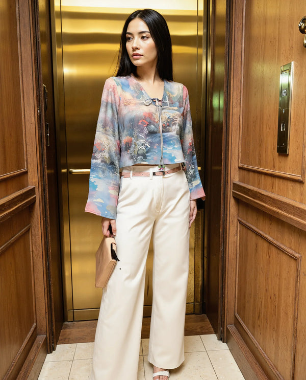 Rareism Women Toulon Multi Satin Bell Sleeves V-Neck Cropped Abstract Print Top