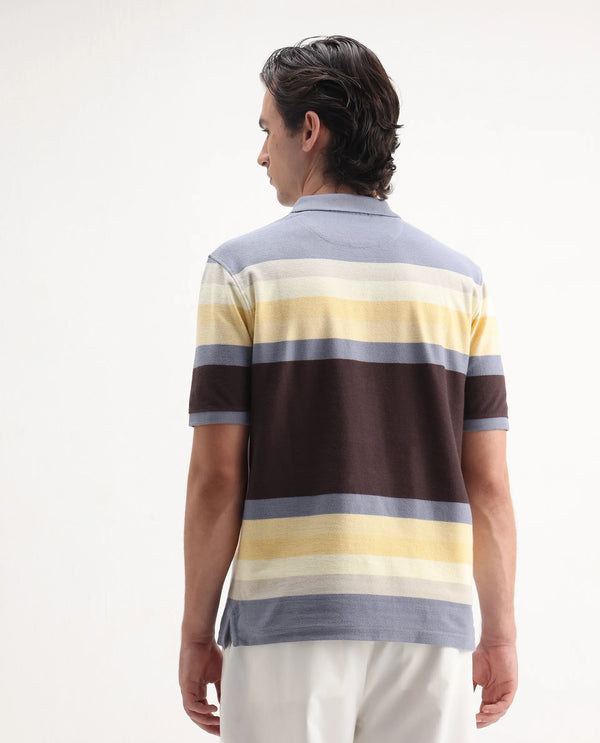 Rare Rabbit Men's Glasglow Purple Cotton Fabric Collared Neck Half Sleeves Striped Polo T-Shirt