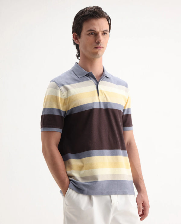 Rare Rabbit Men's Glasglow Purple Cotton Fabric Collared Neck Half Sleeves Striped Polo T-Shirt