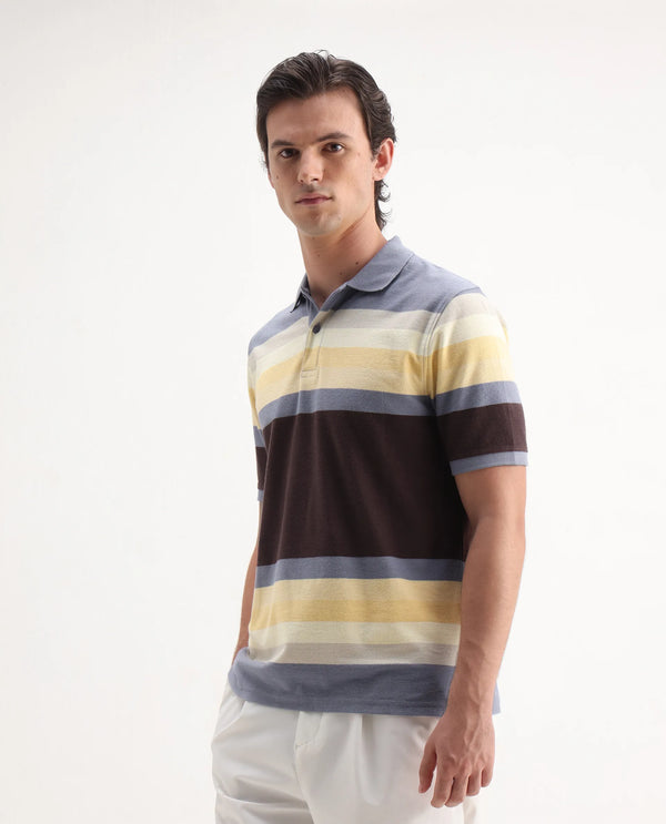Rare Rabbit Men's Glasglow Purple Cotton Fabric Collared Neck Half Sleeves Striped Polo T-Shirt