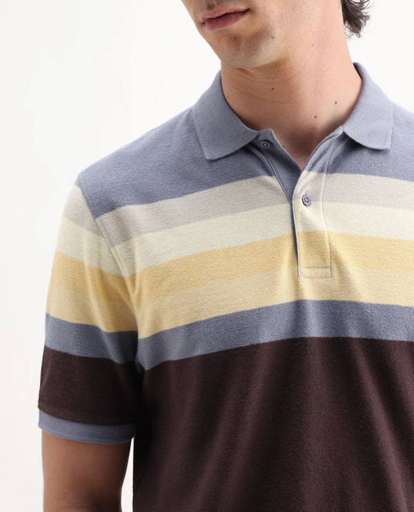Rare Rabbit Men's Glasglow Purple Cotton Fabric Collared Neck Half Sleeves Striped Polo T-Shirt